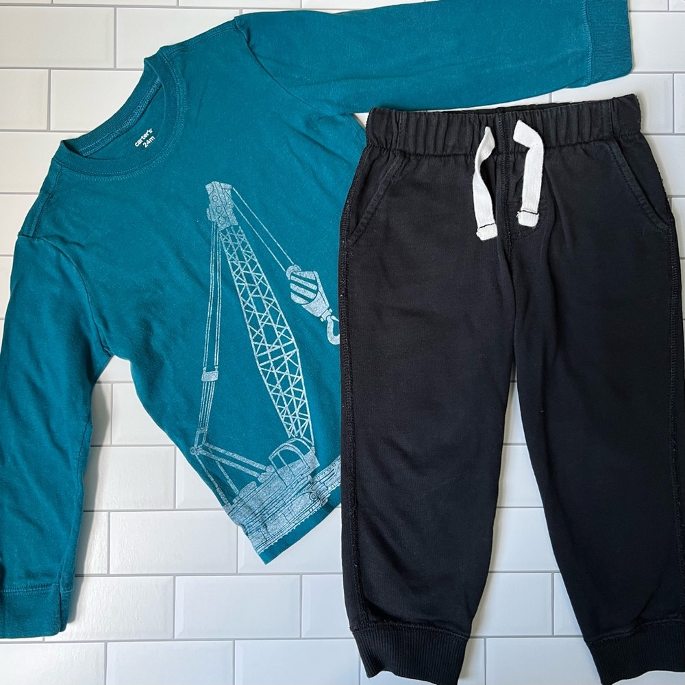 24M Carter’s Crane Construction 2pc Set Teal Blue Long Sleeve Tee Black Joggers